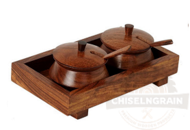 Double Wooden Spice Bowl Set with Tray & Spoons - Image 2
