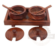 Double Wooden Spice Bowl Set with Tray & Spoons