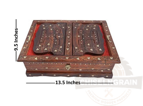 Wooden Rehal with Brass Inlay Storage Box – 13.5 Inch