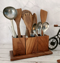 Wooden Kitchen Cutlery Holder with Utensils - Image 2